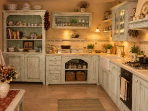 Unikatna dvobarvna masivna kuhinja Shabby Chic po meri. Prefinjena romantična estetika in ročno patiniran masivni les, ki v prostor prinašata trajnostni luksuz z dušo.